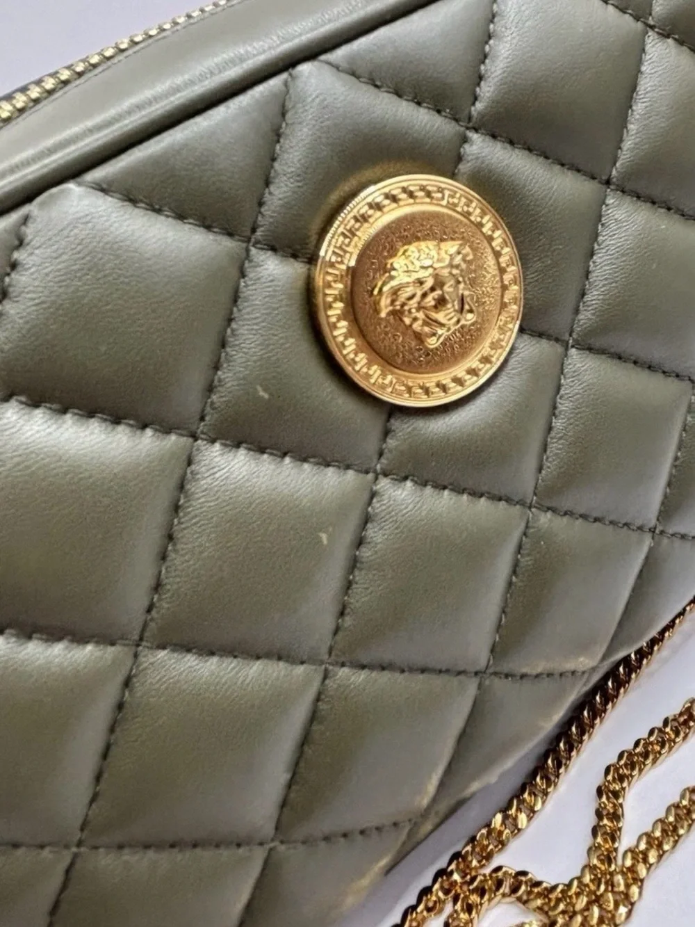 Versace Quilted Olive Green Leather Crossbody with Gold Medallion